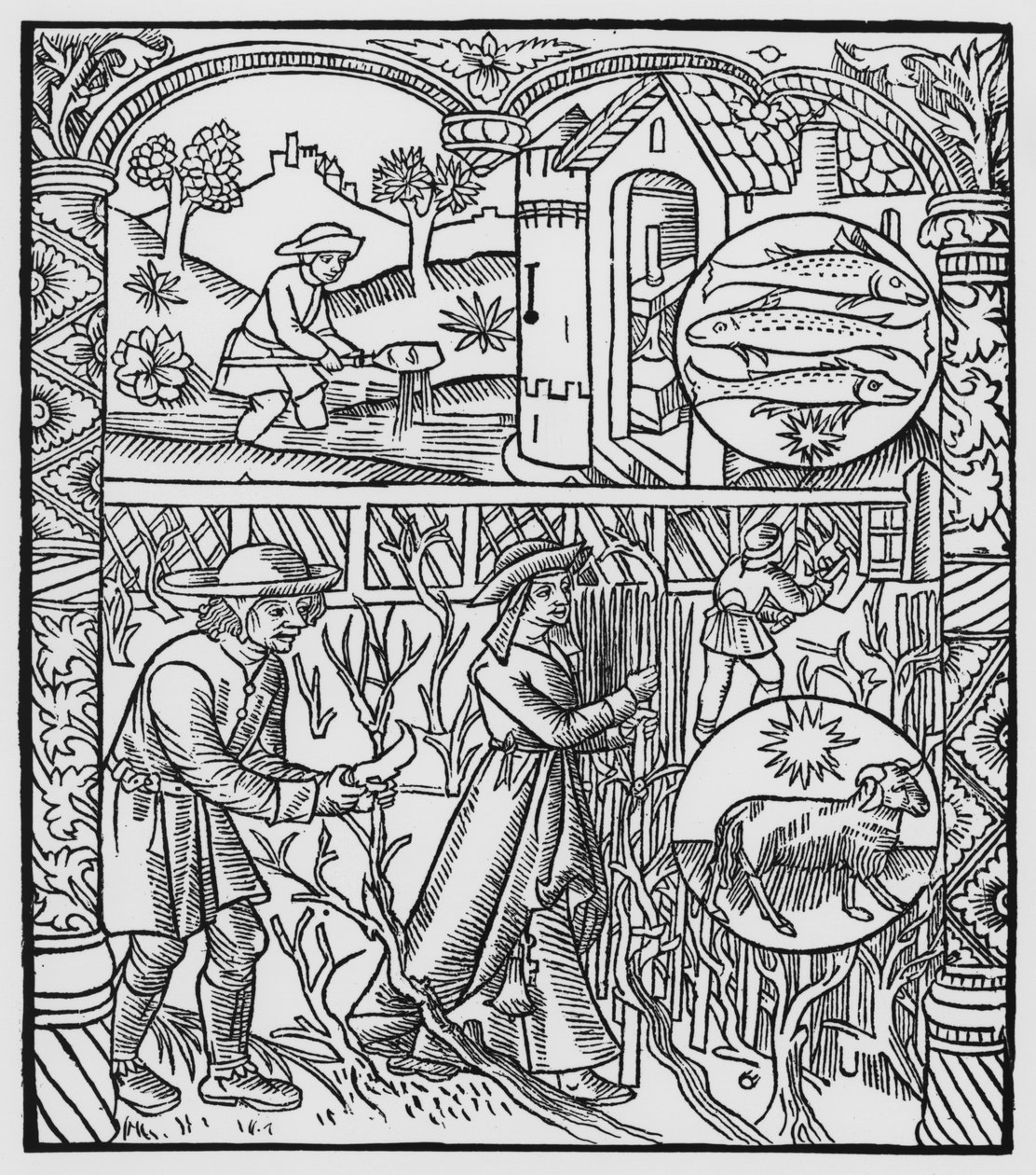 Maaliskuu, kalastus ja puiden karsiminen, Kalat, kuvitus "Almanach des Bergersistä", 1491 (ksylografi) tekijältä Pierre Le Rouge