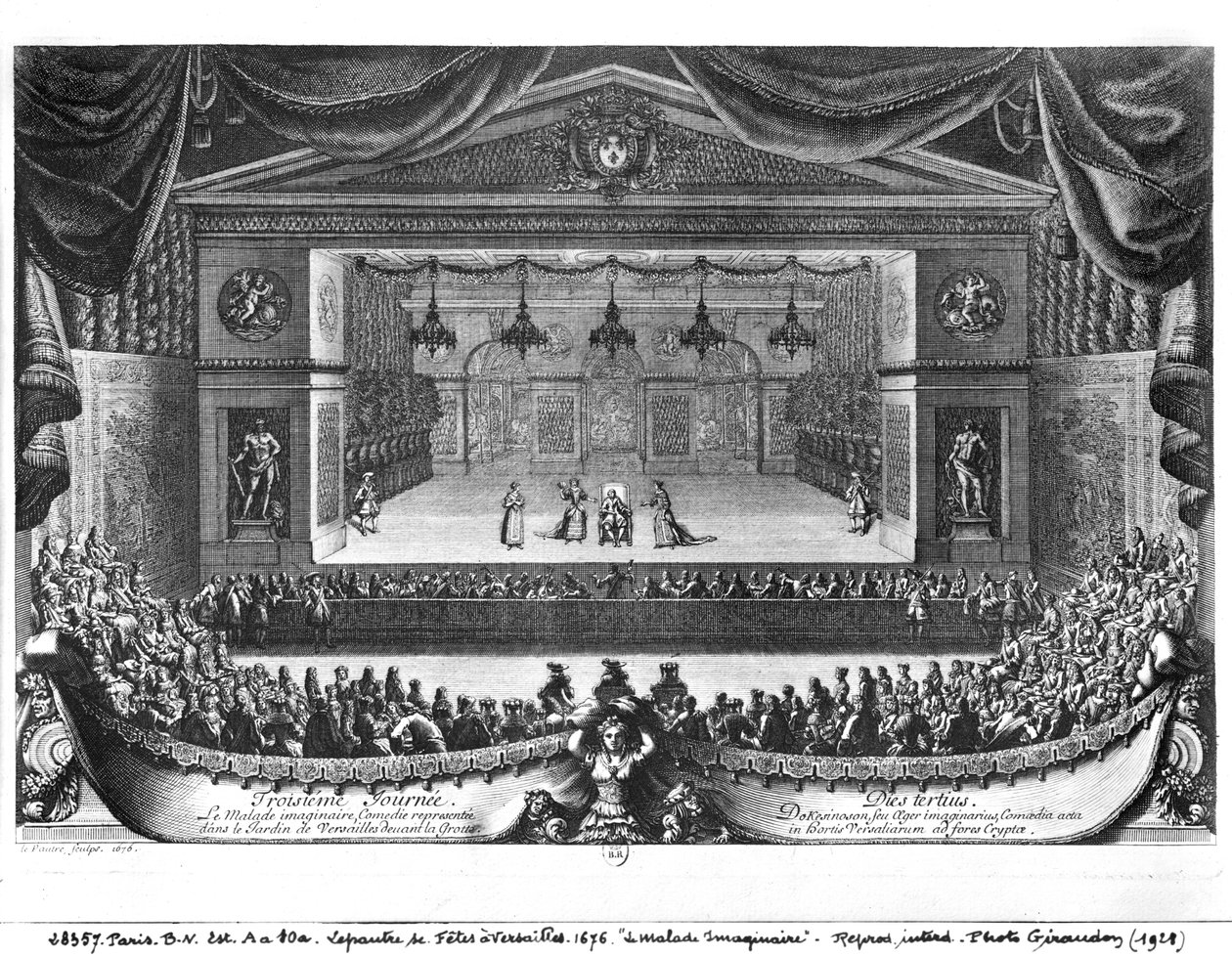 Kolmas päivä, Molieren (1622-73) teoksesta "La Malade Imaginaire" Versaillesin puutarhassa, 1676. tekijältä Pierre Lepautre