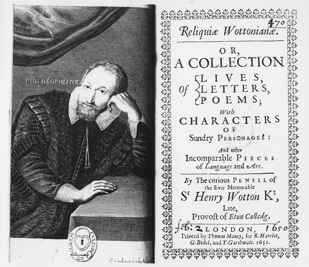 Reliquiae Wottonianiae -teoksen nimiölehti ja etukuva, 1651. tekijältä Pierre Lombard or Lombart