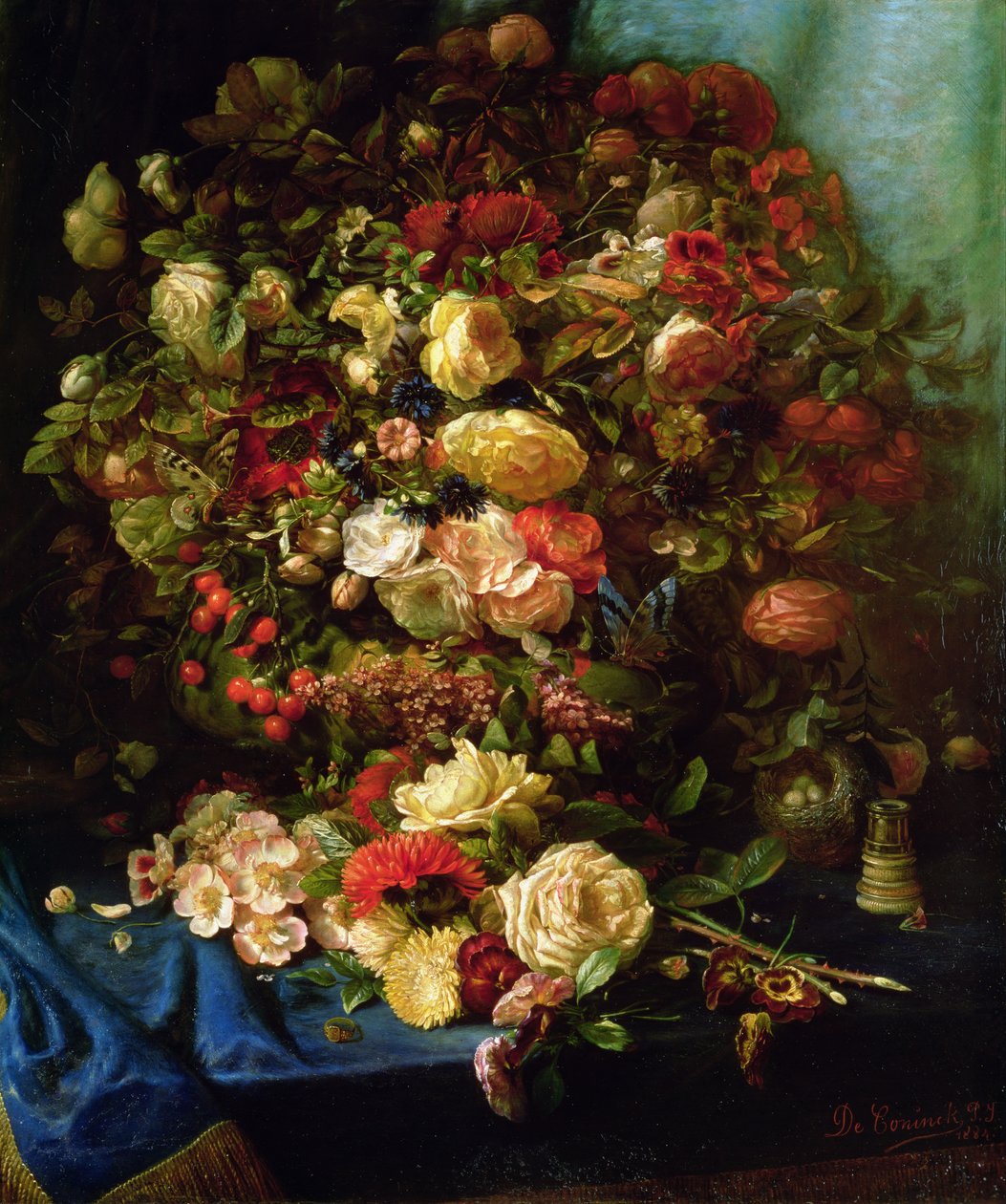 Kukkien ja lintujen pesän asetelma, 1884 tekijältä Pierre Louis de Coninck