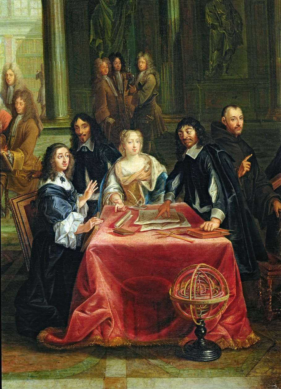 Christina of Sweden (1626-89) ja hänen hovinsa: yksityiskohta kuningattaresta ja Rene Descartesista (1596-1650) pöydässä (katso 28038) tekijältä Pierre Louis the Younger Dumesnil