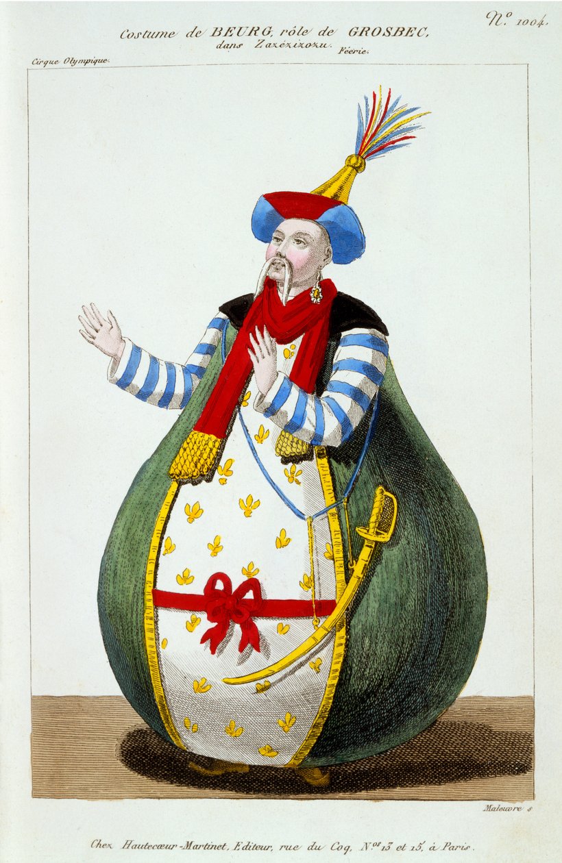 Cirque Olympiquen Beurgin puku Grosbecin roolissa Zazezizozussa, Le Petite Galerie Dramatiquesta, julkaistu 1796 tekijältä Pierre Maleuvre