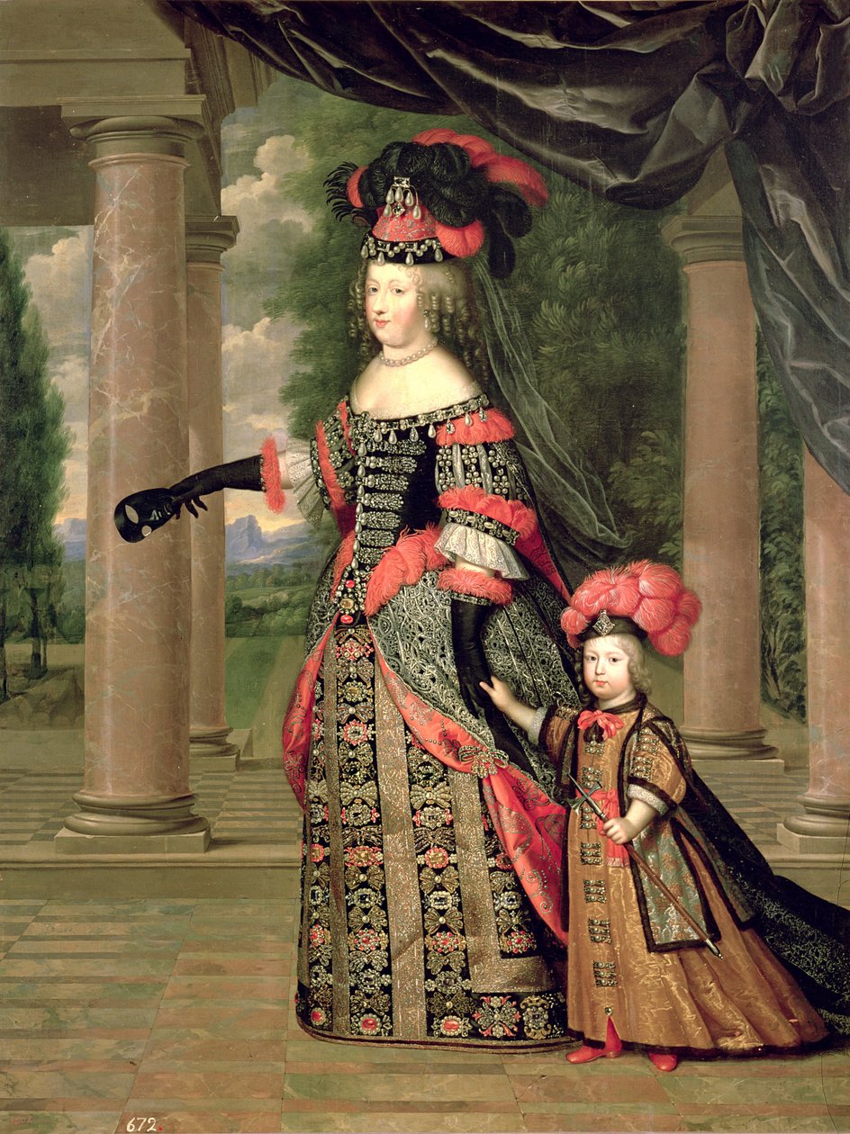 Maria Theresa (1638-83) Louis XIV:n vaimo poikansa Dauphin Louis Ranskan (1661-1711) kanssa vuoden 1661 jälkeen tekijältä Pierre Mignard