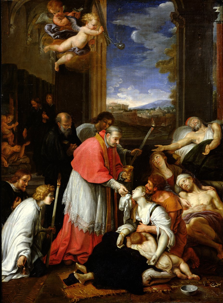 St. Charles Borromeo (1538-84) jakamassa sakramentin ruton uhreille Milanossa vuonna 1576 tekijältä Pierre Mignard