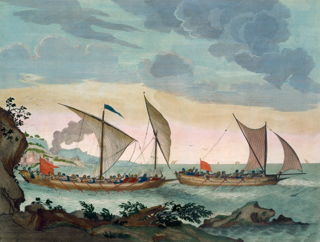 Brigantine ajamassa takaa Feluccalle ja nousemassa sen kyytiin, "Le Neptune Francois", n. 1693-1700 (käsinvärinen kaiverrus) tekijältä Pierre Mortier