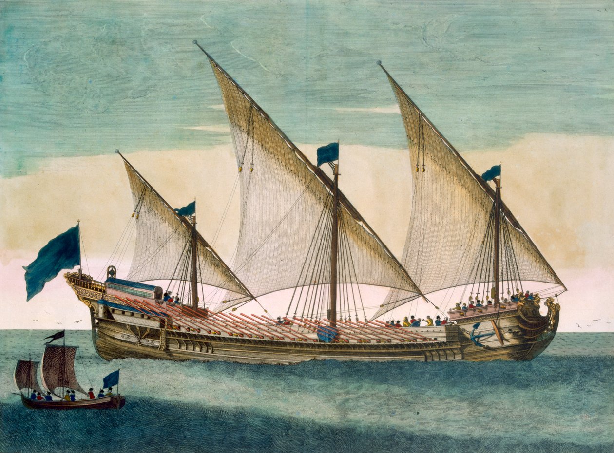 Kolmimastoinen Galleass menossa purjeilla, airot lähetetty, "Le Neptune Francois", n. 1693-1700 (käsinvärinen kaiverrus) tekijältä Pierre Mortier