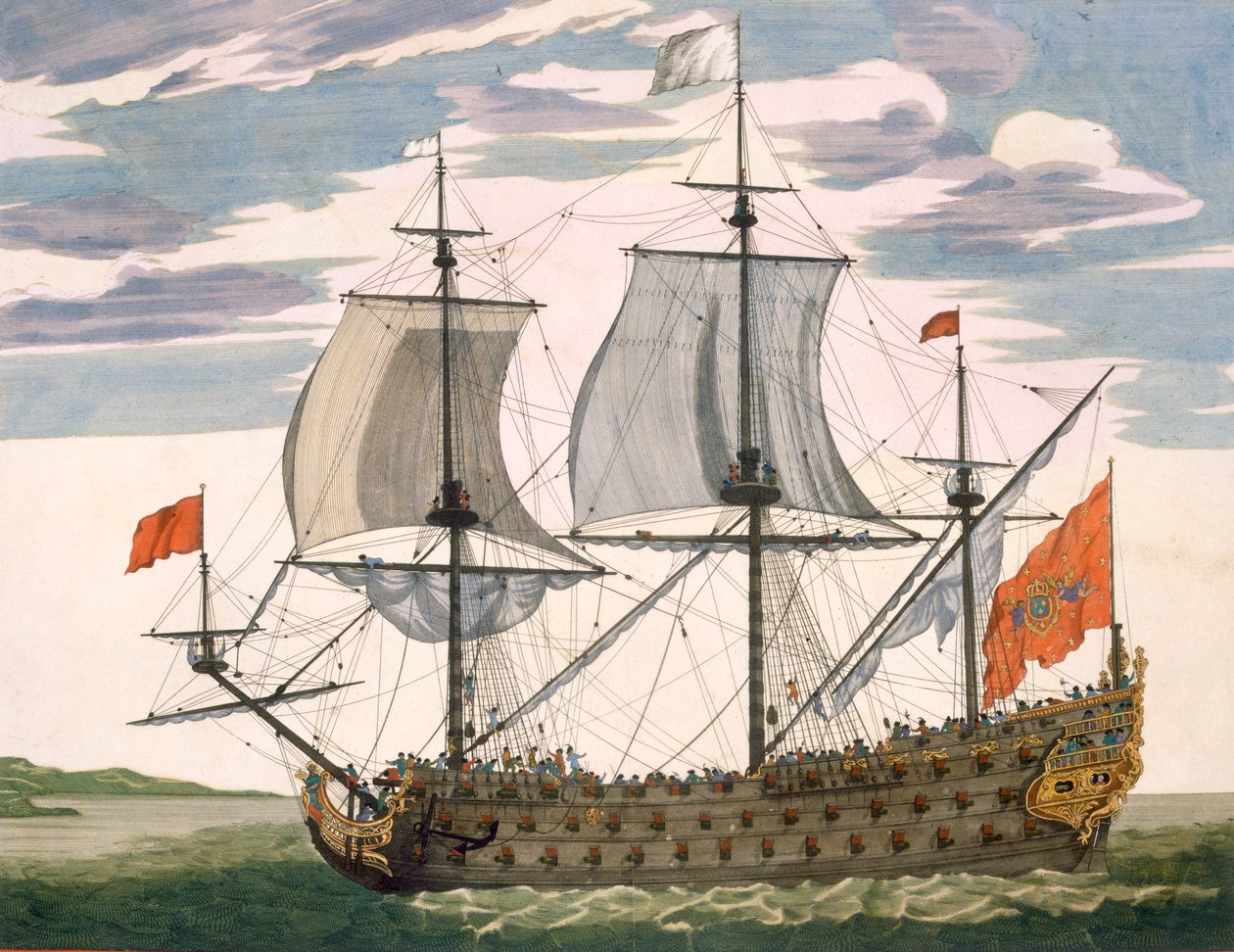British Navy: ensiluokkainen alus, joka lensi White Ensignilla; kolmikerroksinen Admiralin hytti, "Le Naptune Francois", n. 1693-1700 (käsinvärinen kaiverrus) tekijältä Pierre Mortier