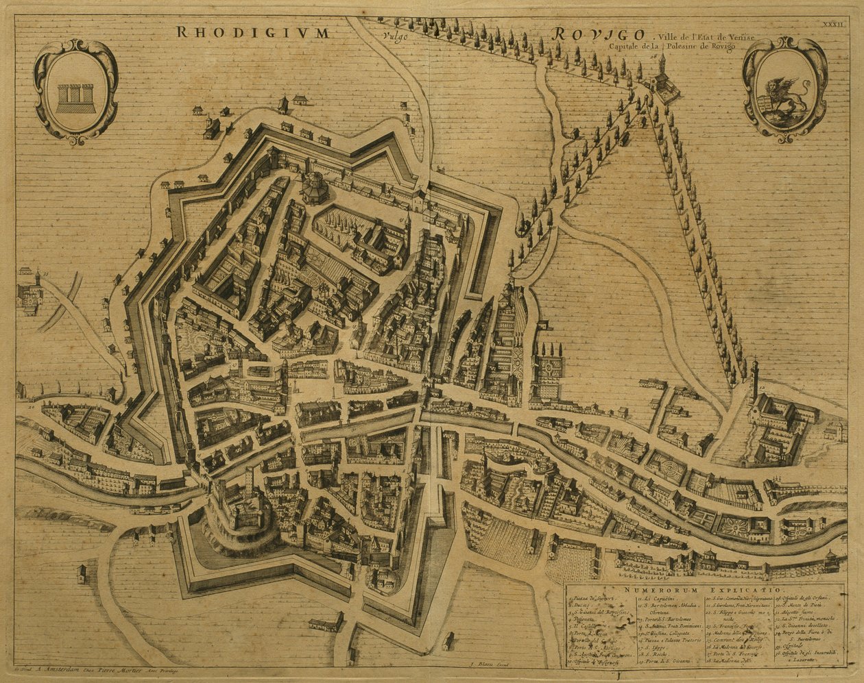 Rovigon kartta kirjasta "Les Villes de Venetie", 1704, jonka on julkaissut Pierre Mortier Amsterdamissa. tekijältä Pierre Mortier