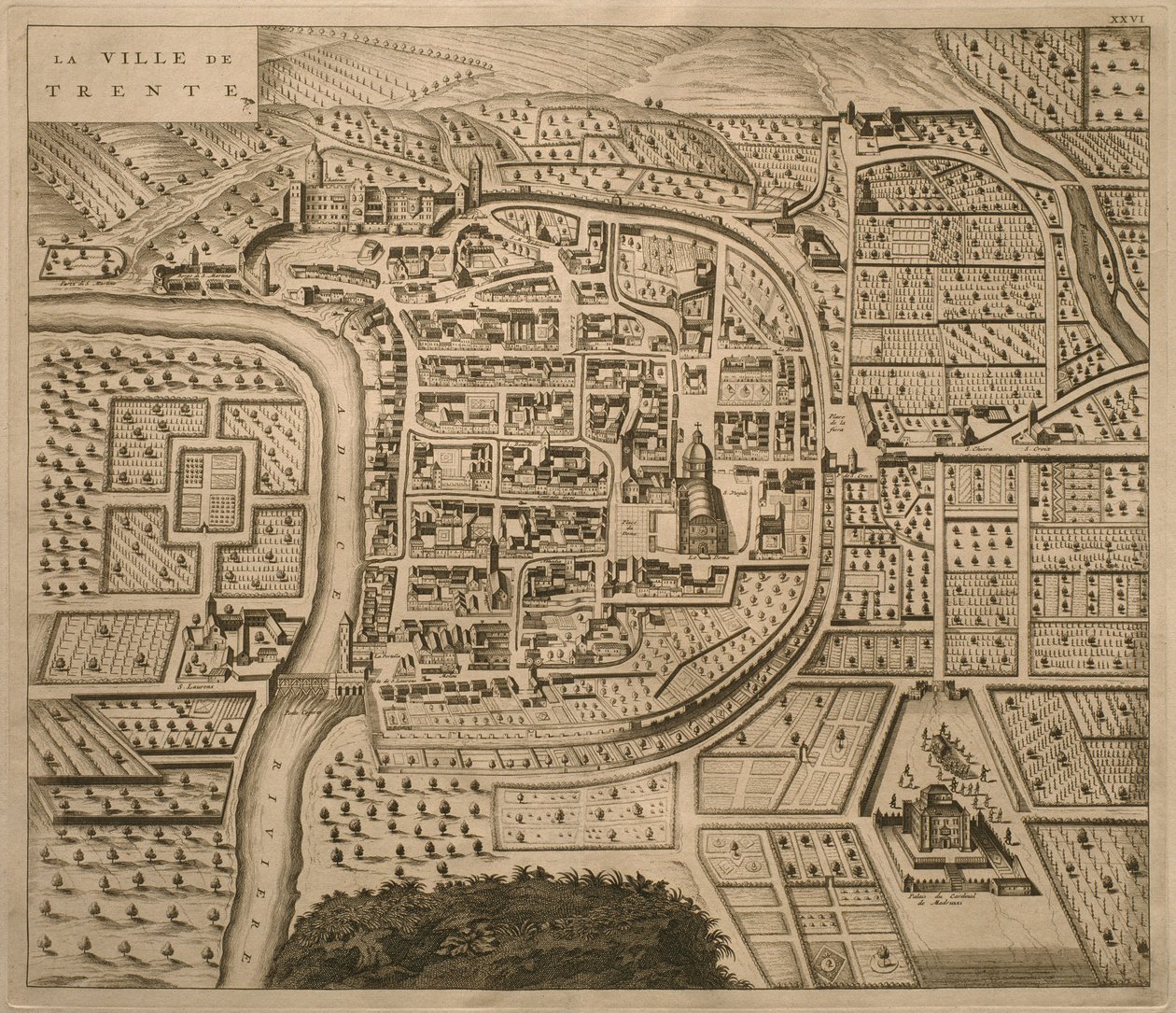 Trenton kartta kirjasta "Les Villes de Venetie", 1704, jonka on julkaissut Pierre Mortier Amsterdamissa. tekijältä Pierre Mortier