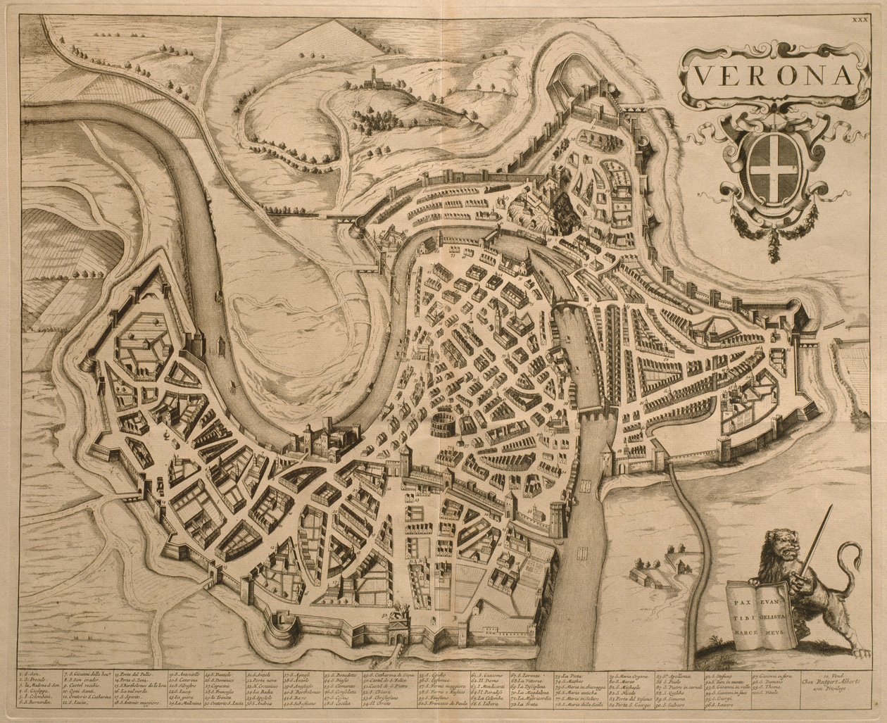 Veronan kartta, teoksesta "Les Villes de Venetie", 1704, jonka on julkaissut Pierre Mortier Amsterdamissa. tekijältä Pierre Mortier