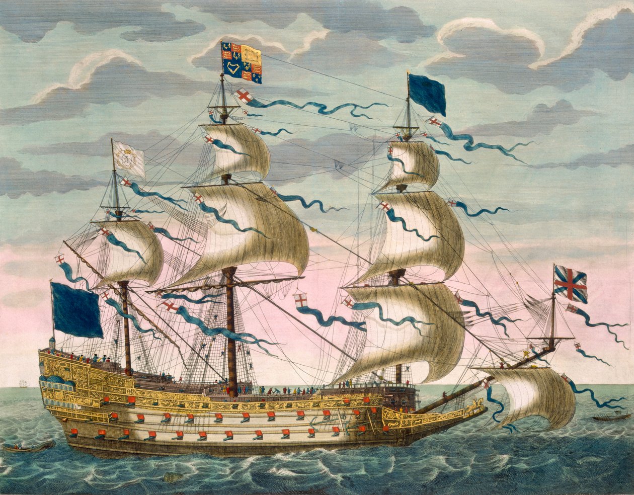 Englannin laivaston lippulaiva Royal (lippulaiva) kuninkaallisen lipun alla, Le Naptune Francois -teoksesta, n. 1693-1700 (käsin väritetty kaiverrus). tekijältä Pierre Mortier