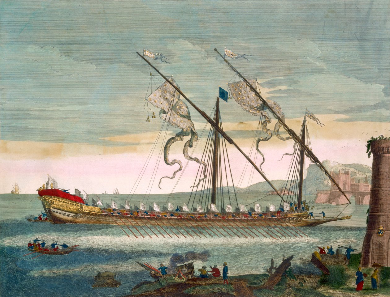 Johtokaleeri soutamalla liikkeellä, teoksesta "Le Naptune Francois", noin 1693-1700 (käsin väritetty kaiverrus). tekijältä Pierre Mortier
