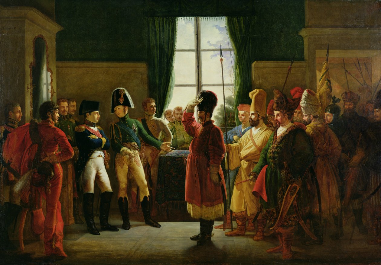 Aleksanteri I (1777-1825) esitteli kalmukit, kasakat ja baškiirit Napoleon I:lle (1769-1821) Tilsitissä heinäkuussa 1807, 1807-10 tekijältä Pierre Nolasque Bergeret