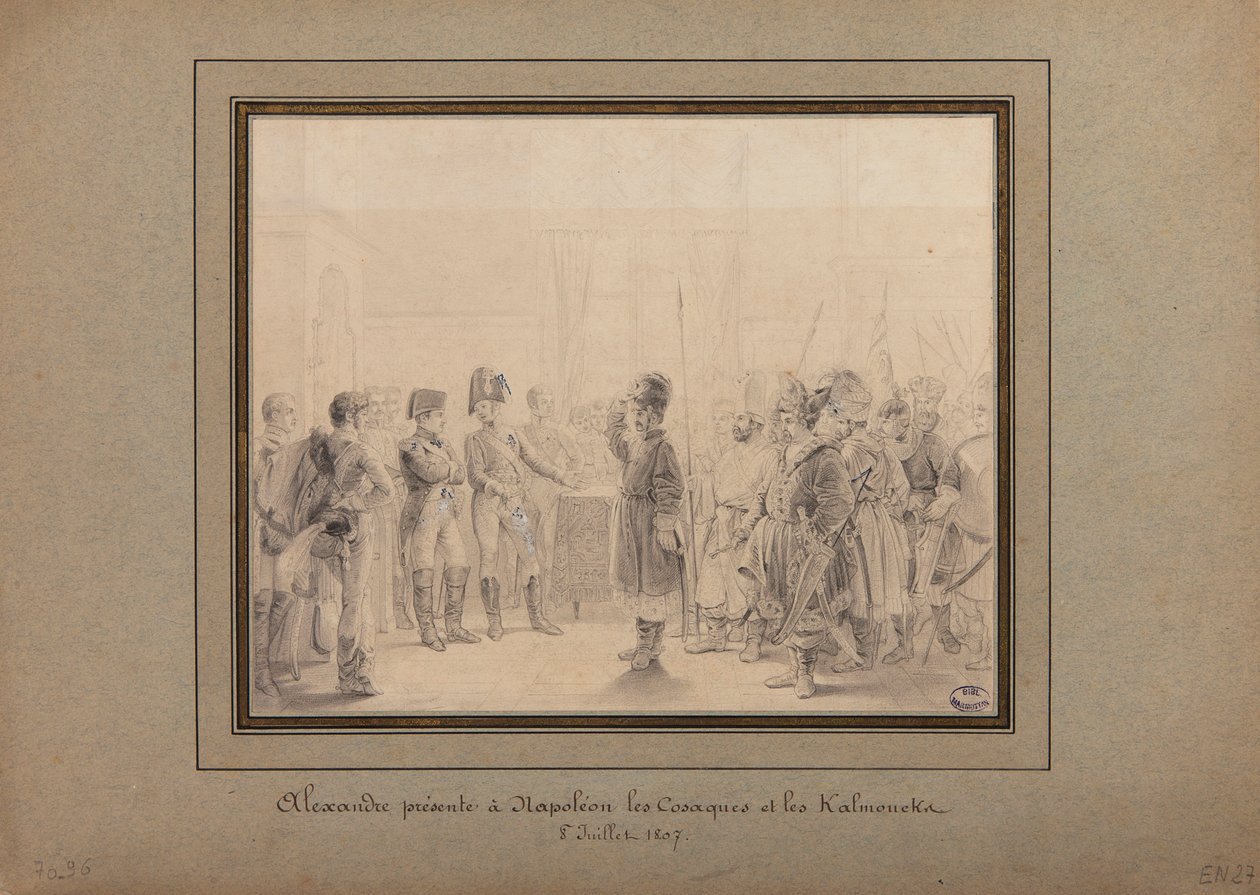 Aleksanteri I esittelee Venäjän armeijan kasakat ja kalmukit Napoleon I:lle Tilsitissä 8. heinäkuuta 1807 tekijältä Pierre Nolasque Bergeret