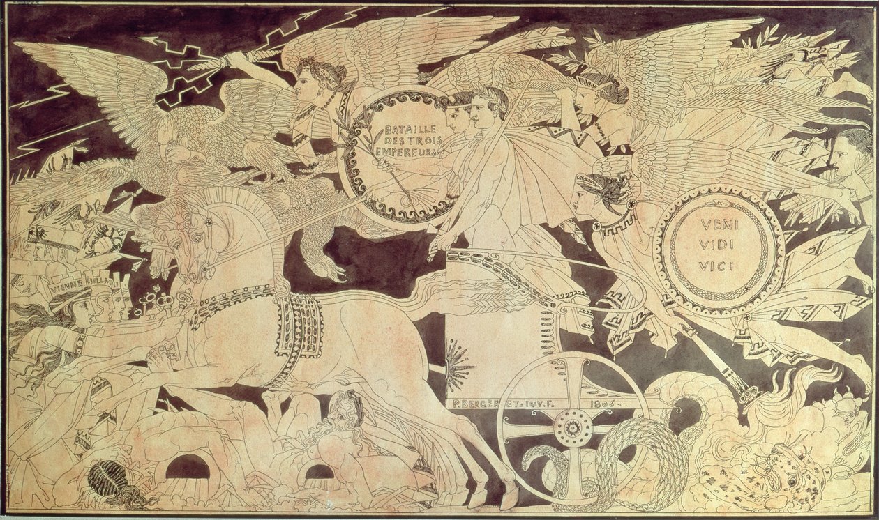 Austerlitzin taistelun allegoria, valmisteleva piirros suuren Sevres-maljakon koristeluun, joka oli tarkoitettu Saint-Cloudin keisarilliseen palatsiin, 1806 tekijältä Pierre Nolasque Bergeret