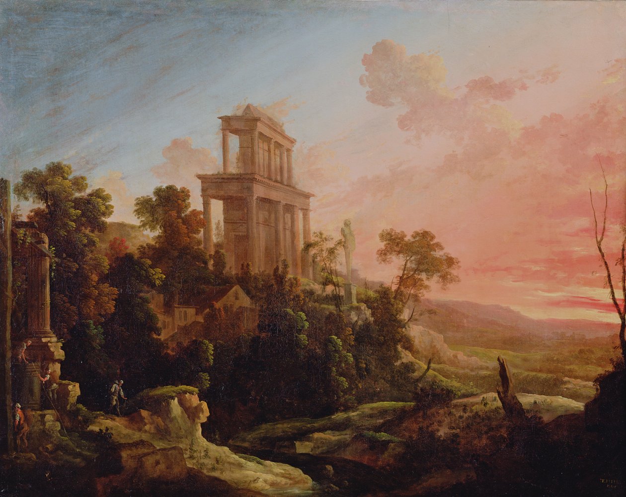 Maisema ja laskeva aurinko, 1705 tekijältä Pierre Patel
