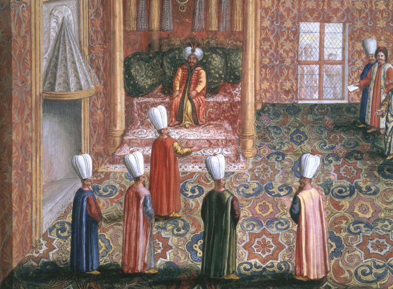 Jan Gninskin diplomaattilähetystö Istanbuliin, Puolan lähettilään auditorio sulttaani Machmedin kanssa, 1679 (guassi, lehtikulta paperilla) tekijältä Pierre Paul Sevin