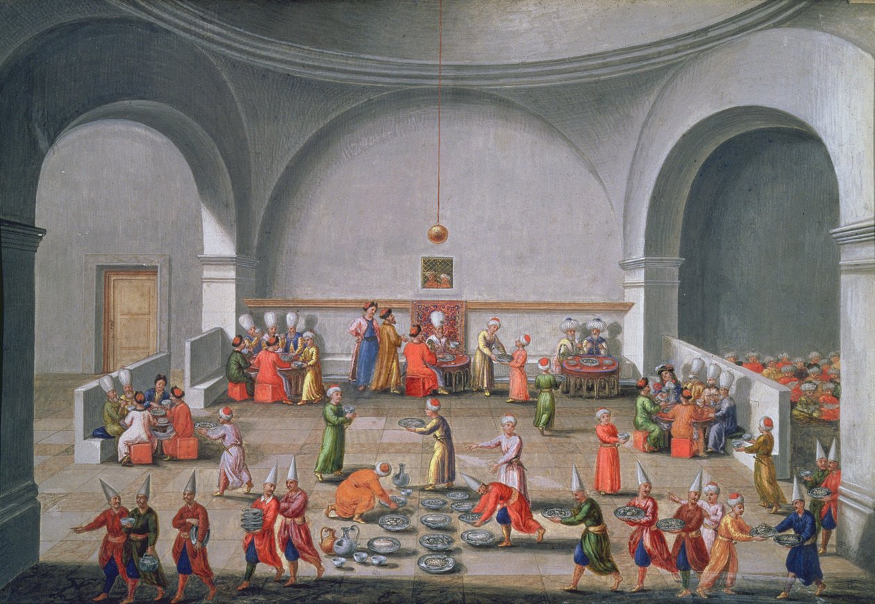 Jan Gninskin diplomaattilähetystö Istanbuliin, illallinen Puolan lähetystön kunniaksi, 1679 (guassi, lehtikulta paperilla) tekijältä Pierre Paul Sevin