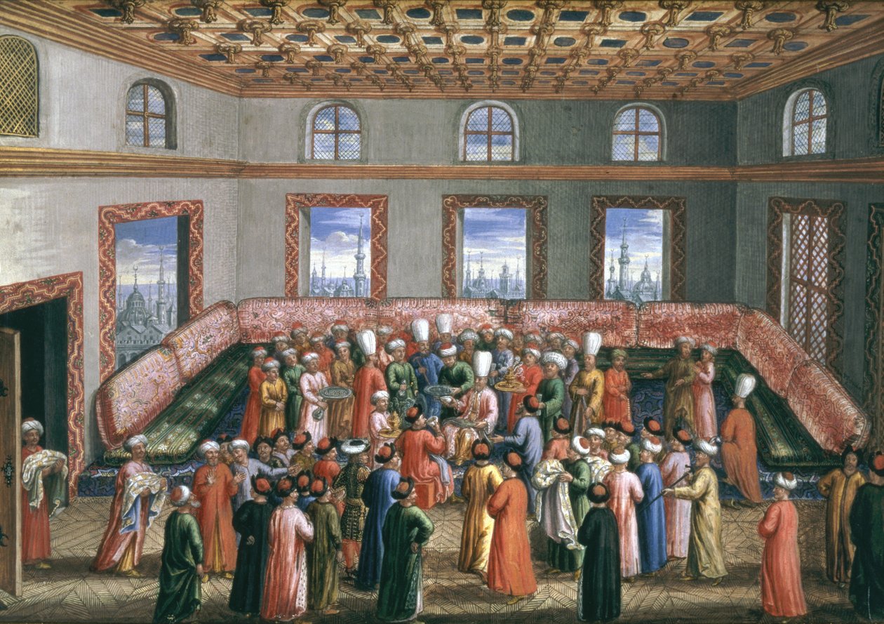 Jan Gninskin diplomaattilähetystö Istanbuliin, Puolan lähettilään jäähyväisvastaanotto, 1679 (guassi, lehtikulta paperilla) tekijältä Pierre Paul Sevin