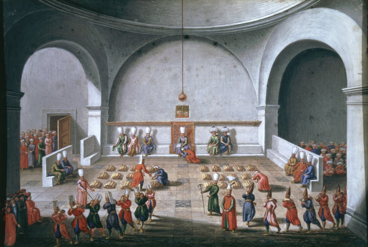 Jan Gninskin lähetystyö Istanbuliin, maksun seremonia sotilaille, 1679 (guassi, lehtikulta paperilla) tekijältä Pierre Paul Sevin