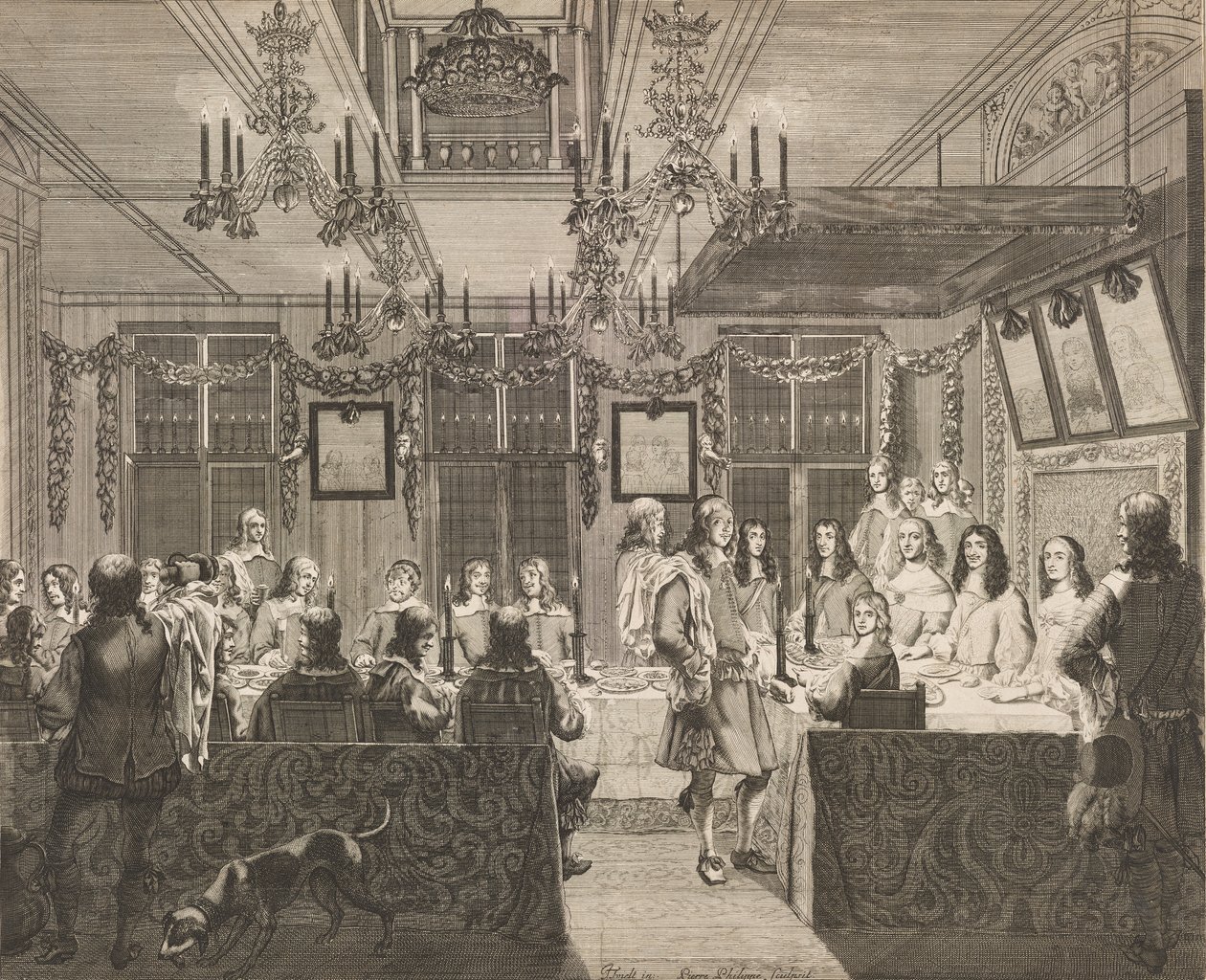 Mauritshuisin juhlaillallinen 30. toukokuuta 1660 Englannin kuninkaan Kaarle II:n (1630-1685) vierailun yhteydessä. tekijältä Pierre Philippe