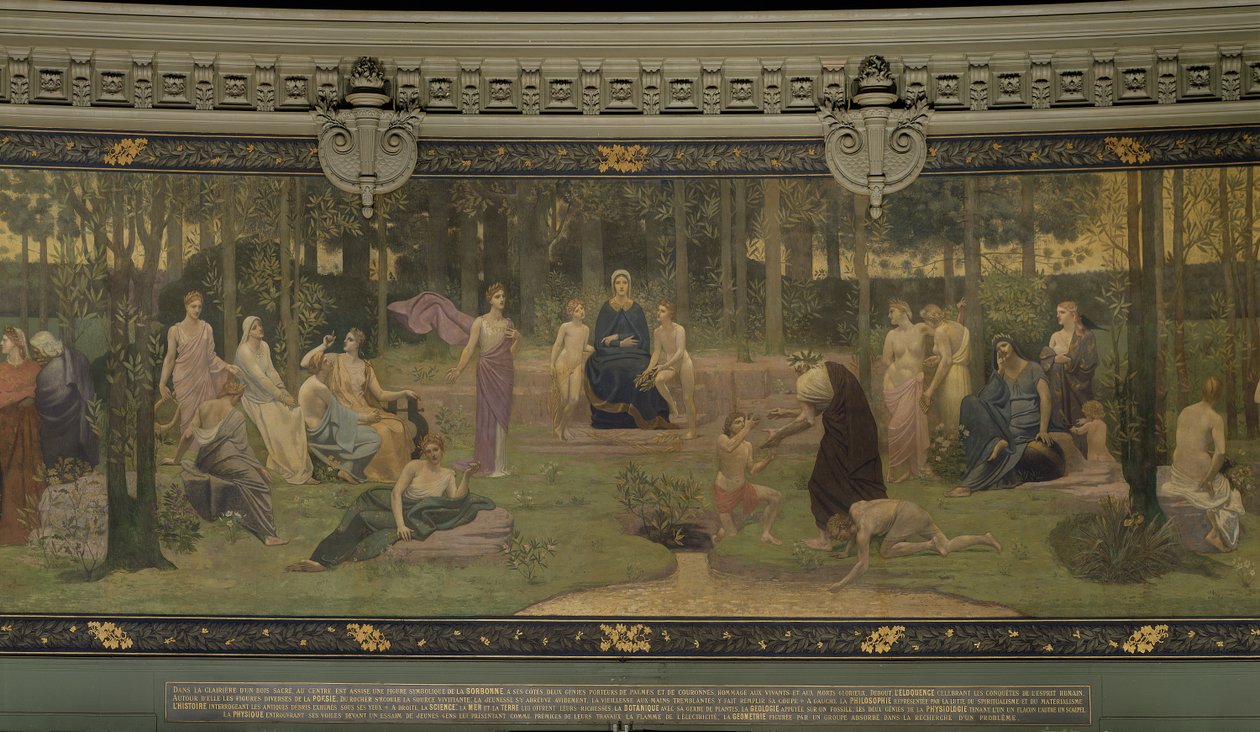 Pyhä puu, allegorinen seinämaalaus Suuressa amfiteatterissa, Sorbonnen keskeinen yksityiskohta, kaunopuheisuus, runous, elämää antava lähde ja tiede, 1887-89 (yksityiskohta 88480) tekijältä Pierre Puvis de Chavannes