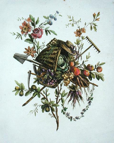 Puutarhatekstiilimalli, teoksesta "Oeuvre contenant un Receuil de Trophees, Attributs, Cartouches, Vases, Fleurs, Ornemens, et Plusieurs Dessins agreeables pour broder les Fauteuils", kaiverrettu Etienne Claude Voysardin toimesta. tekijältä Pierre Ranson