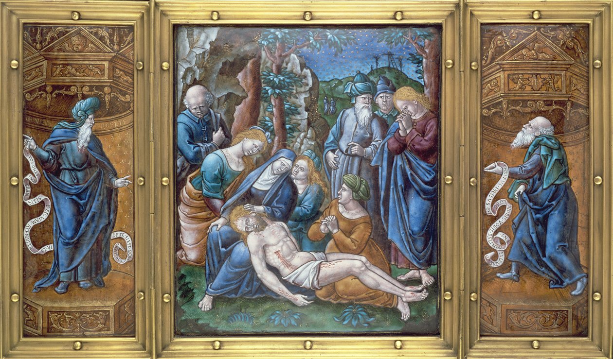 M.1-1926 Triptyykki: Valituslaulu, Daniel ja Pyhä Pietari, maalattu Limogesissa, Ranskassa, 1538 (emali kuparille) tekijältä Pierre Raymond