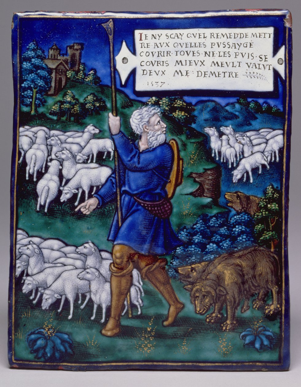 Pahaa paimenta kuvaava kyltti, 1537 (emali) tekijältä Pierre Raymond
