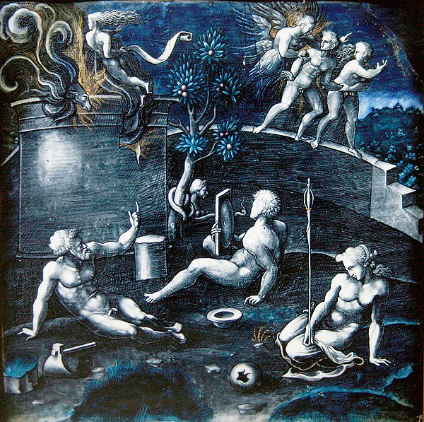 Synnin allegooria, n. 1570-1584 (maalattu emali) tekijältä Pierre Reymond