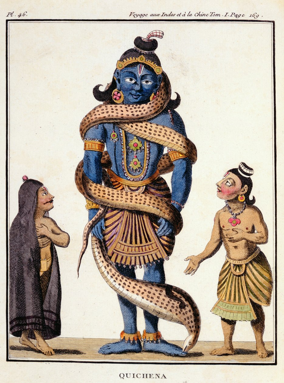 Kaliya-käärmeen puristama Krishna Pierre Sonneratin teoksesta "Voyage aux Indes et a la Chine", Poissonin kaivertama, julkaistu 1782 tekijältä Pierre Sonnerat
