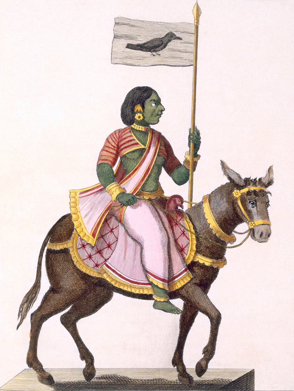 Moudevi, riidan ja kurjuuden jumalatar, teoksesta Voyage aux Indes et a la Chine, kaiverrus Poisson, 1782 (värikaiverrus) tekijältä Pierre Sonnerat