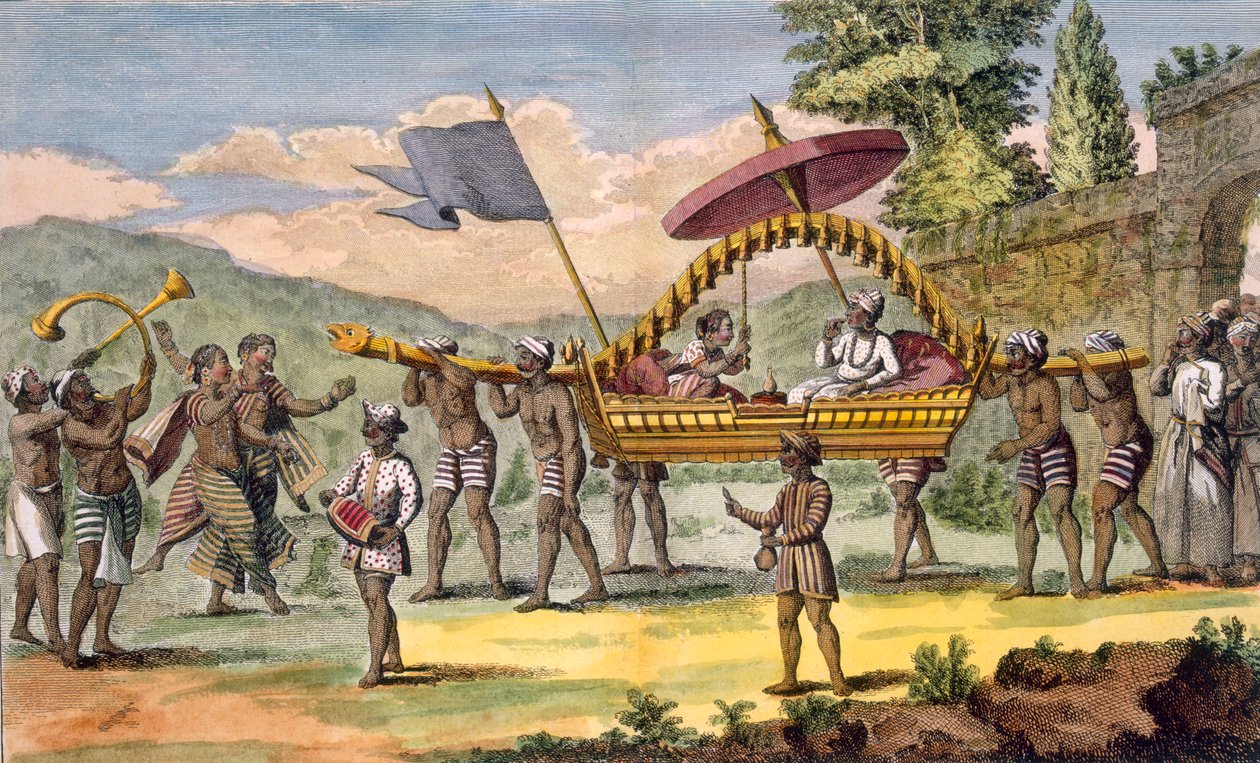 Vastaaviopari viedään kävelykadulle palankiinissa muusikoiden kanssa, kuvitus teoksesta "Voyage aux Indes et a la Chine", kaiverrus Poisson, 1782 (värikaiverrus) tekijältä Pierre Sonnerat