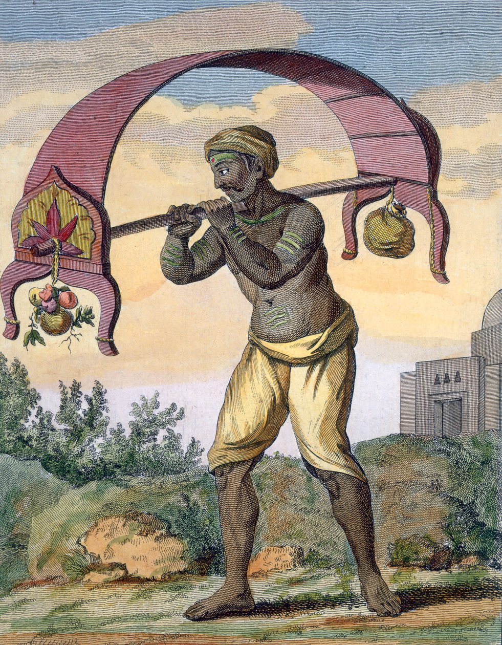 Paeni Caori (uskonnollinen harrastaja, joka kantaa uhreja jumalille), teoksesta "Voyage aux Indes et a la Chine", kaiverrus Poisson, 1782 (värikaiverrus) tekijältä Pierre Sonnerat