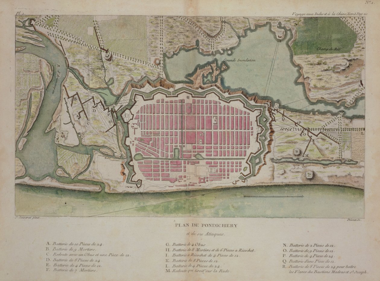 Pondicherryn suunnitelma, kirjasta "Voyage aux Indes et la Chine", kaivertanut Poisson, julkaistu 1782 (värikaiverrus) tekijältä Pierre Sonnerat