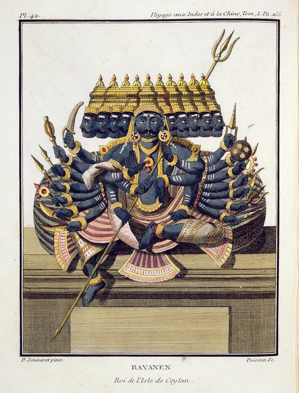 Ravana, Ceylonin demonikuningas, Pierre Sonneratin teoksesta "Voyage aux Indes et a la Chine", kaiverrettu Poisson, julkaistu 1782 tekijältä Pierre Sonnerat