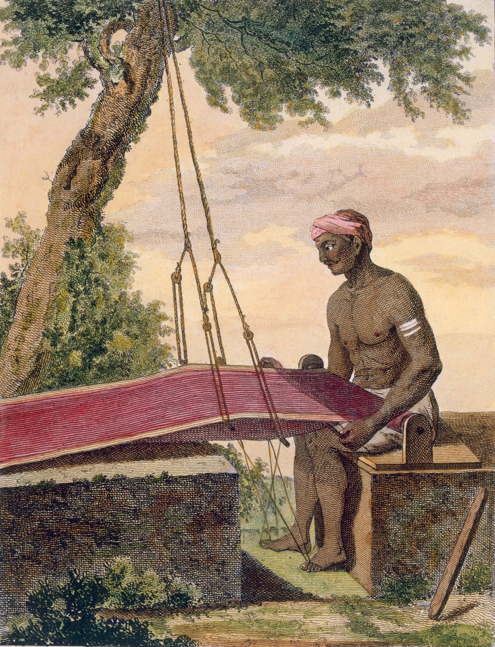 Kankaan kutoja, "Voyage aux Indes et a la Chine", kaiverrus Poisson, 1782 (värikaiverrus) tekijältä Pierre Sonnerat