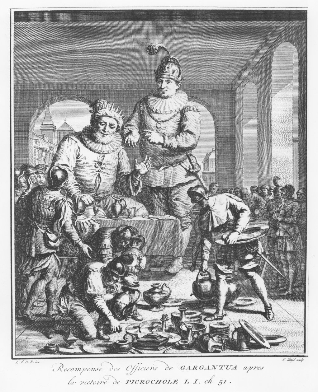 Gargantua palkitsee upseereita Picrocholen voiton jälkeen, kuvitus François Rabelais