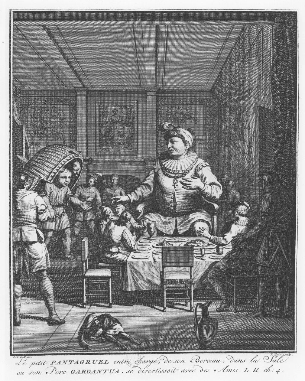 Gargantua näkee poikansa Pantagruelin kantavan lastensänkyään, kuvitus François Rabelais
