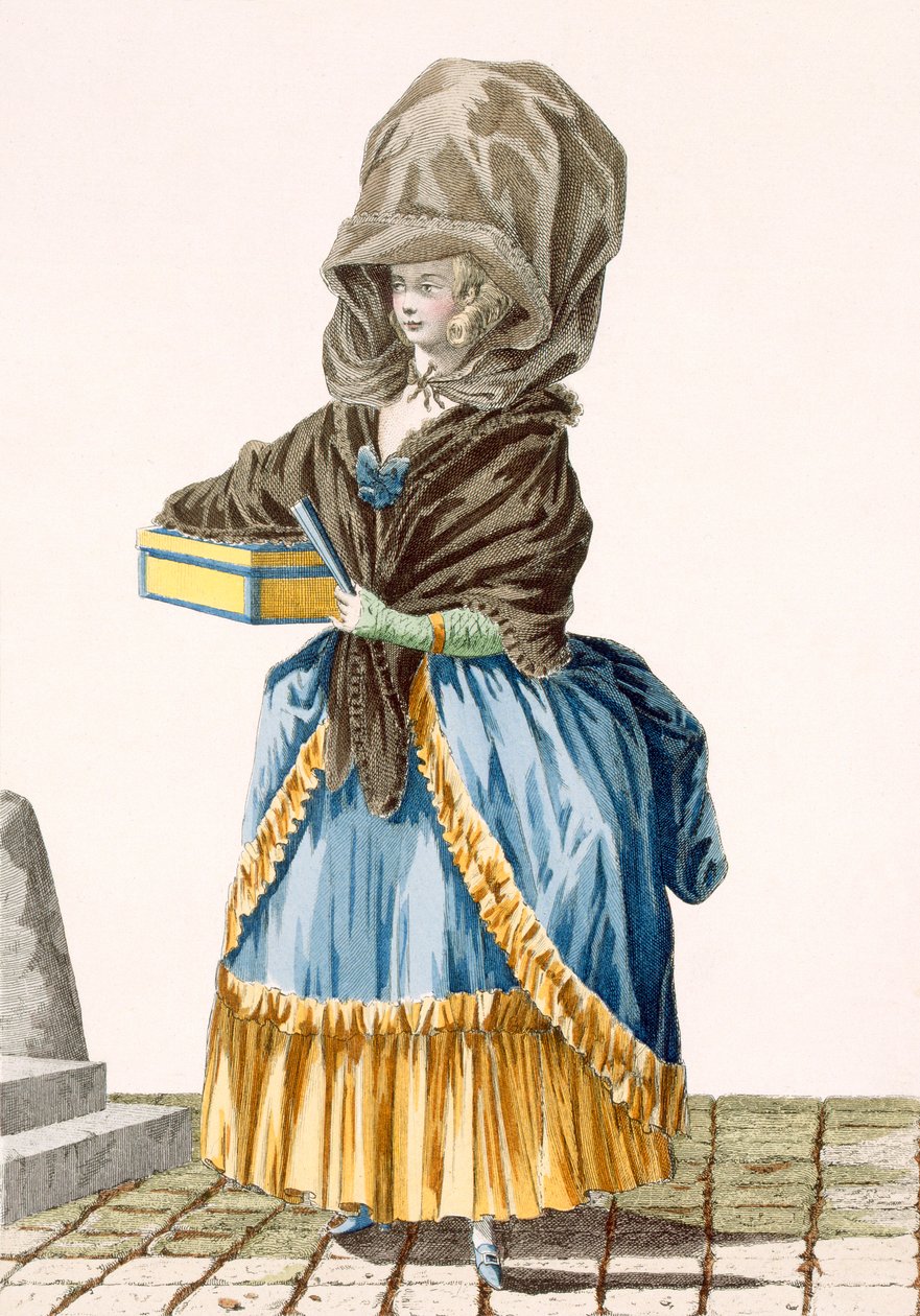 Tuotteitaan myyvä kauppanainen, kaiverrettu Dupin, levy nro 5 julkaisusta "Galeries des Modes et Costumes Francais", n. 1778-87 99:vaatteet; perinteinen asu; perinteinen puku; muotia tekijältä Pierre Thomas Le Clerc
