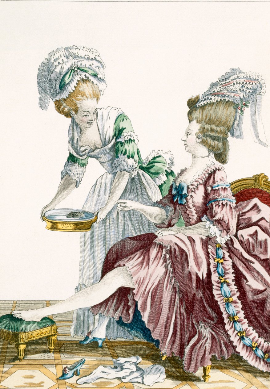 Elegantti nainen pesemässä jalkojaan, levy 32 Galerie des Modes et Costumes Francaisista, kaiverrus Dupin, 1778 tekijältä Pierre Thomas Le Clerc