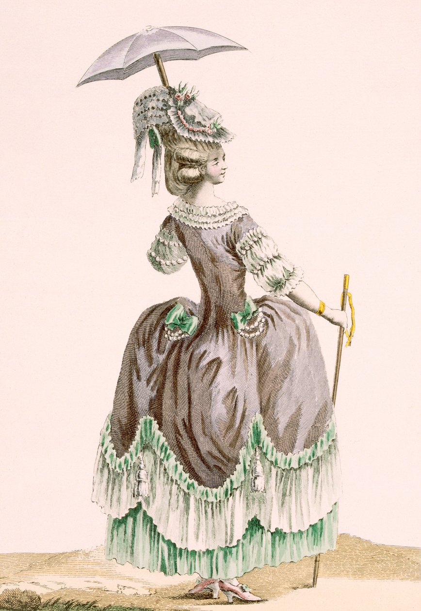 Dupinin kaiverrettu naisen harmaa kävelypuku, takanäkymä, levy nro 38 teoksesta "Galeries des Modes et Costumes Francais", n. 1778-87. tekijältä Pierre Thomas Le Clerc