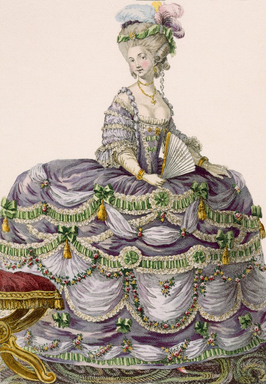 Dupinin kaiverrettu herttuattaren iltapuku, levy nro 161 julkaisusta "Galeries des Modes et Costumes Francais", 1789 tekijältä Pierre Thomas Le Clerc