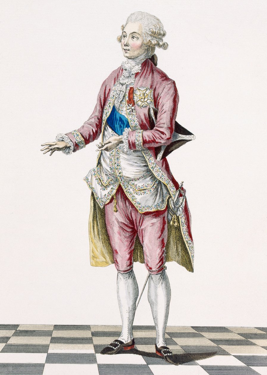 Herttua maalaispuvussa, koristeltu kuninkaan käskyillä, kaiverrettu Dupinin kaiverruksella, levy teoksesta "Galeries des Modes et Costumes Francais", noin 1778-87, 1760. tekijältä Pierre Thomas Le Clerc