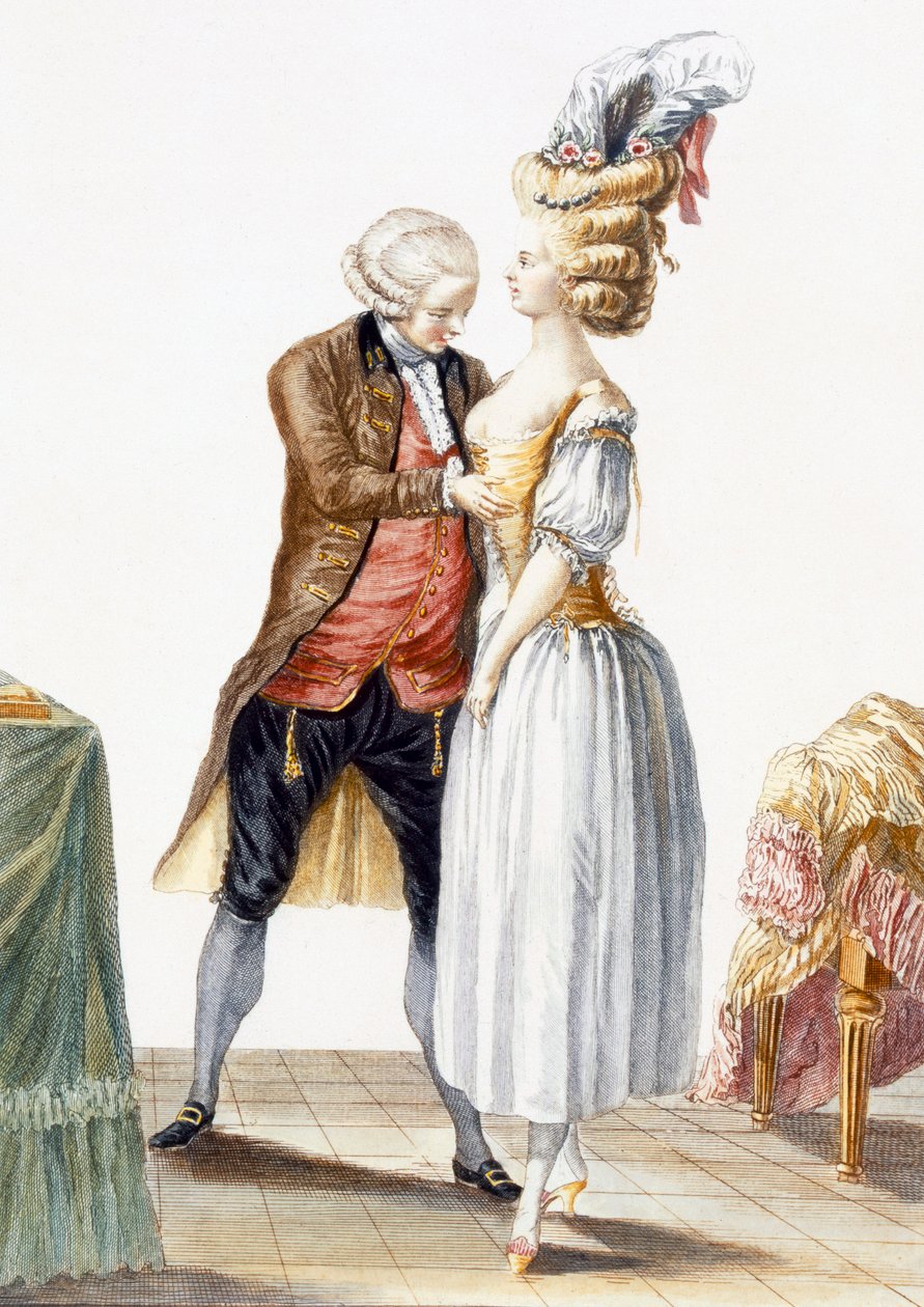 Tyylikäs nainen sovittelemassa räätälinsä kanssa, Galerie des Modes et Costumes Francais