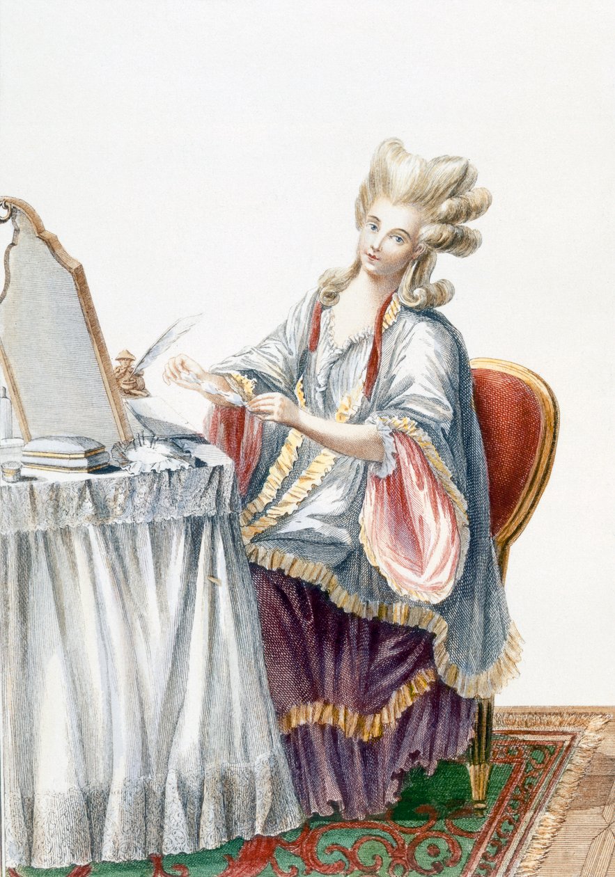 Tyylikäs nainen pukeutumispöydässä, Galerie des Modes et Costumes Francais