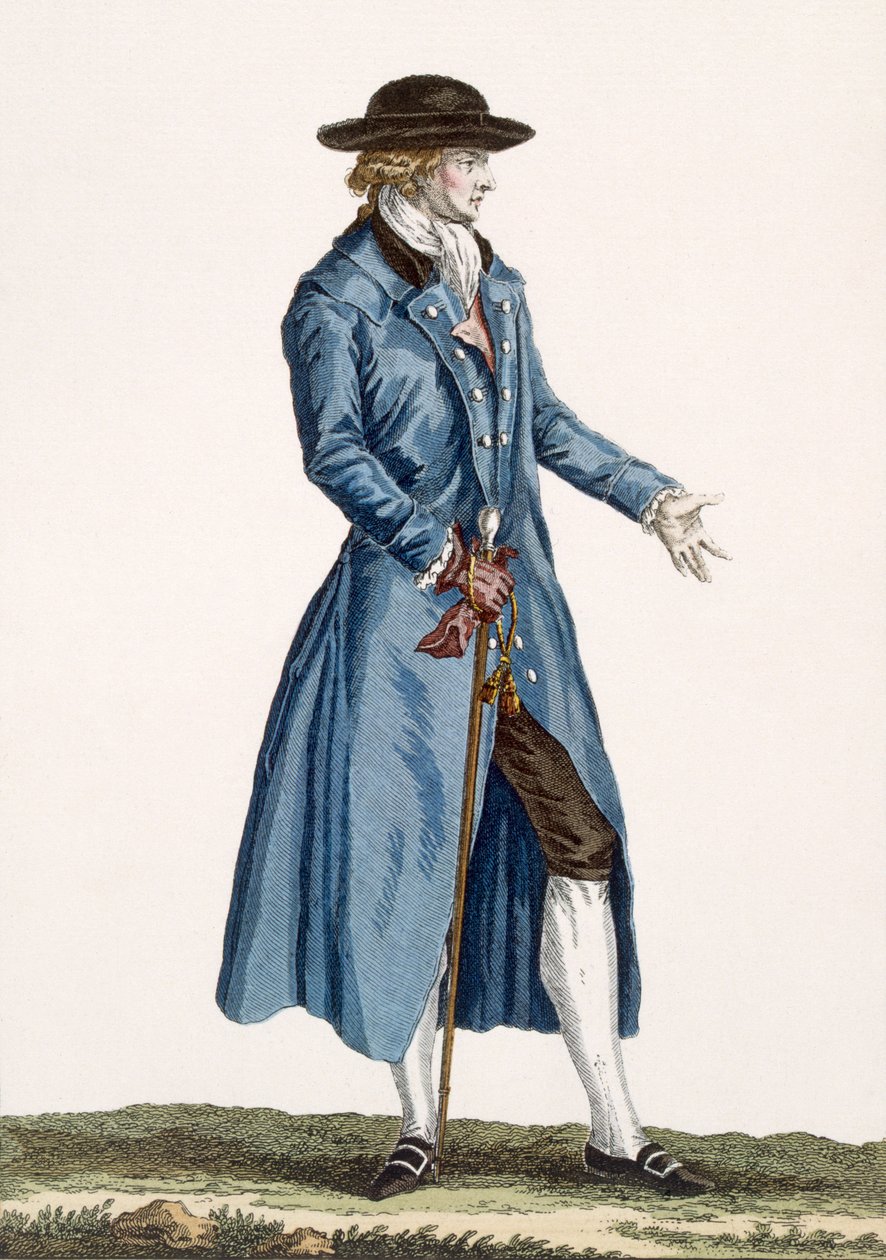 Sinitakkinen herrasmies, levy teoksesta "Galeries des Modes et Costumes Francais", noin 1778-87. tekijältä Pierre Thomas Le Clerc