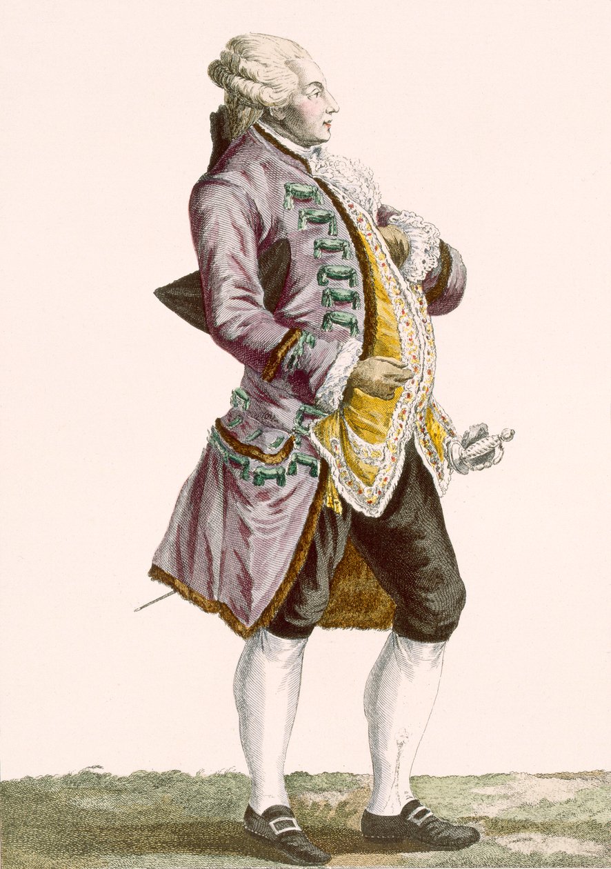 Herrasmies kullotteessa ja takissa, kaiverrettu Dupinin toimesta, levy nro 71 teoksesta "Galeries des Modes et Costumes Francais", 1789. tekijältä Pierre Thomas Le Clerc