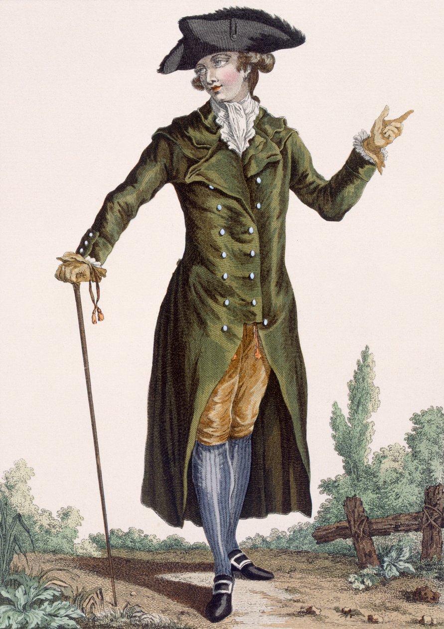 Herrasmies vihreässä takissa, levy teoksesta "Galeries des Modes et Costumes Francais", noin 1778-87. tekijältä Pierre Thomas Le Clerc