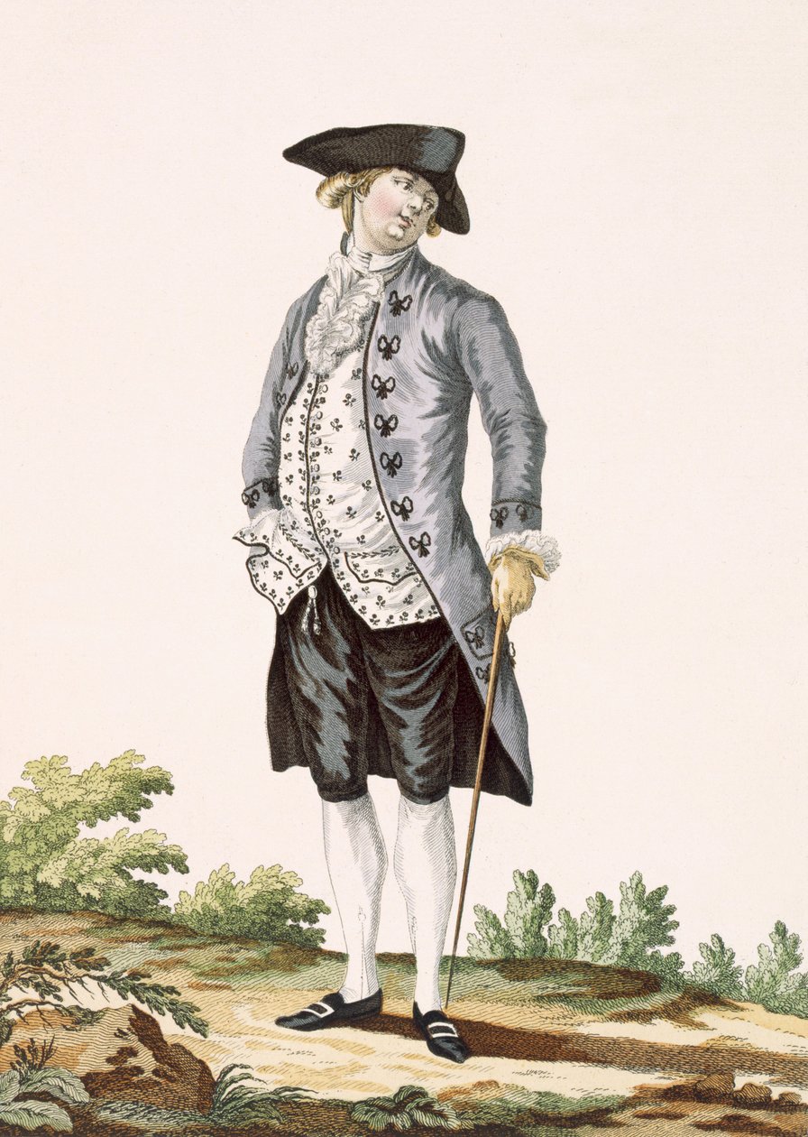 Herrasmies harmaassa kävelypuvussa, Voysardin kaiverrus, levy nro 162 julkaisusta "Galeries des Modes et Costumes Francais", n. 1778-87 tekijältä Pierre Thomas Le Clerc